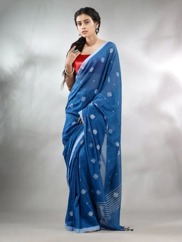 Teal_Blue_Pure_Cotton_Handloom_Woven_Saree_For_Women