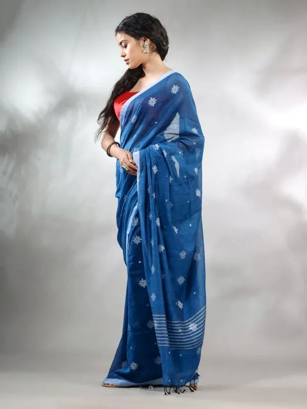 Teal_Blue_Pure_Cotton_Handloom_Woven_Saree_For_Women