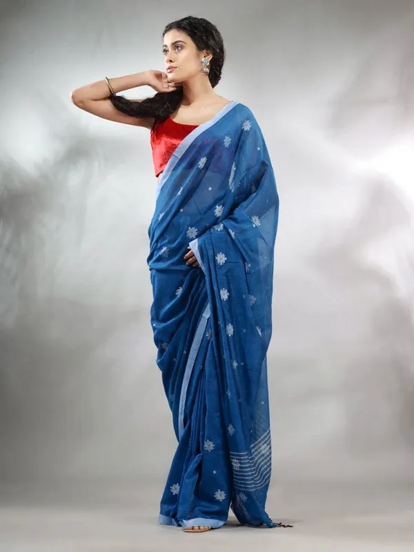 Teal_Blue_Pure_Cotton_Handloom_Woven_Saree_For_Women