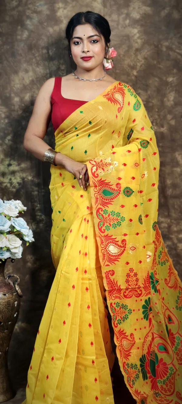 Yellow_Cotton_Silk_Jamdani_Self_Design_Saree_For_Women