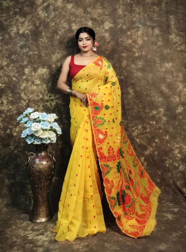 Yellow_Cotton_Silk_Jamdani_Self_Design_Saree_For_Women