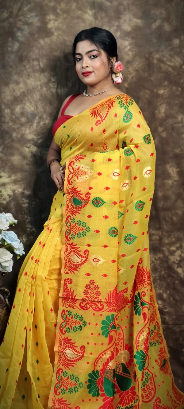 Yellow_Cotton_Silk_Jamdani_Self_Design_Saree_For_Women