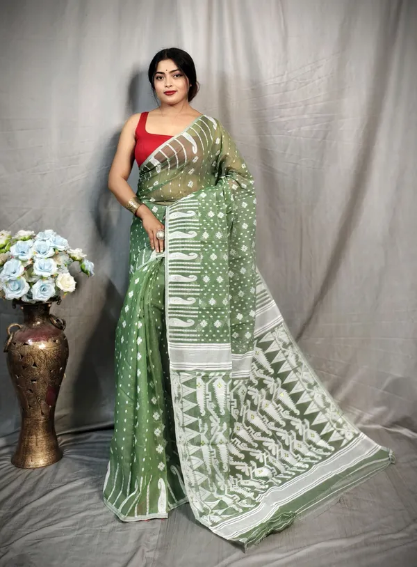 Greyish_Green_&_White_Cotton_Silk_Jamdani_Embroidered_Saree_For_Women