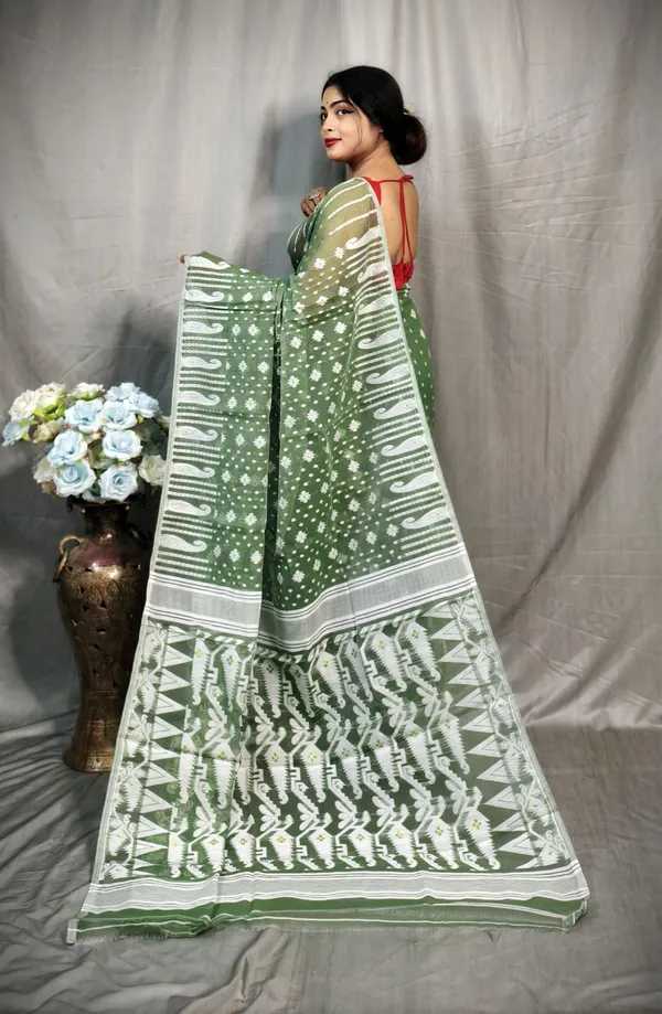 Greyish_Green_&_White_Cotton_Silk_Jamdani_Embroidered_Saree_For_Women