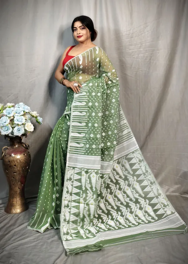 Greyish_Green_&_White_Cotton_Silk_Jamdani_Embroidered_Saree_For_Women