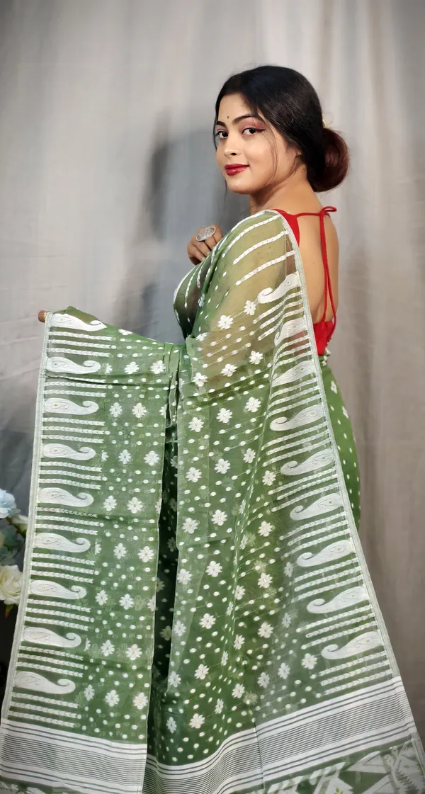 Greyish_Green_&_White_Cotton_Silk_Jamdani_Embroidered_Saree_For_Women