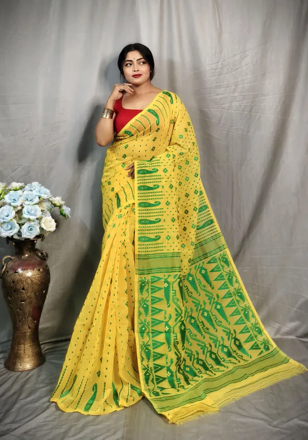 Yellow_&_Green_Cotton_Silk_Jamdani_Embroidered_Saree_For_Women