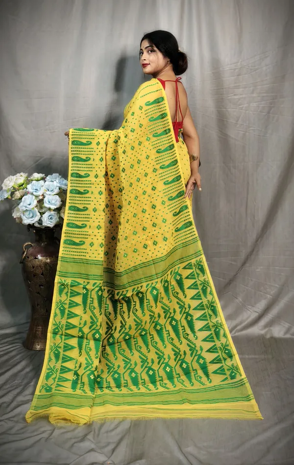 Yellow_&_Green_Cotton_Silk_Jamdani_Embroidered_Saree_For_Women