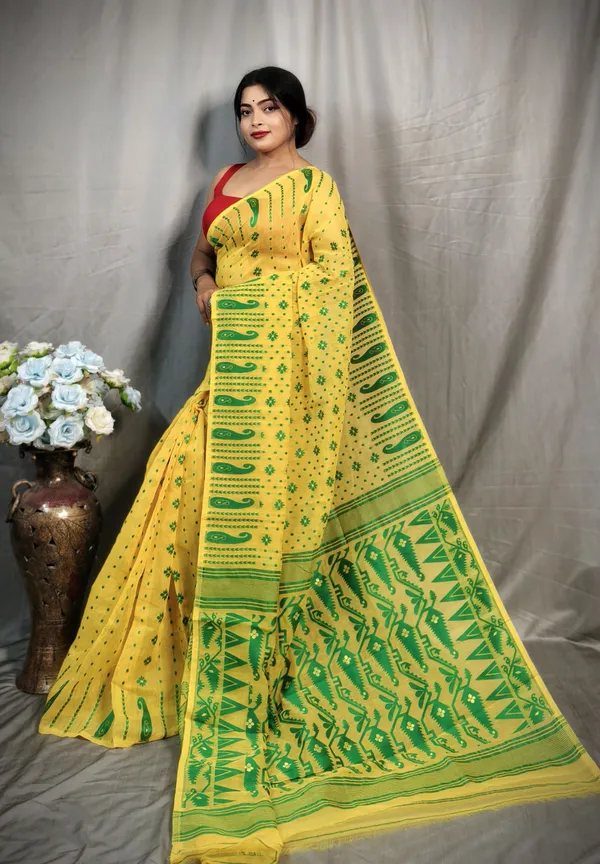 Yellow_&_Green_Cotton_Silk_Jamdani_Embroidered_Saree_For_Women