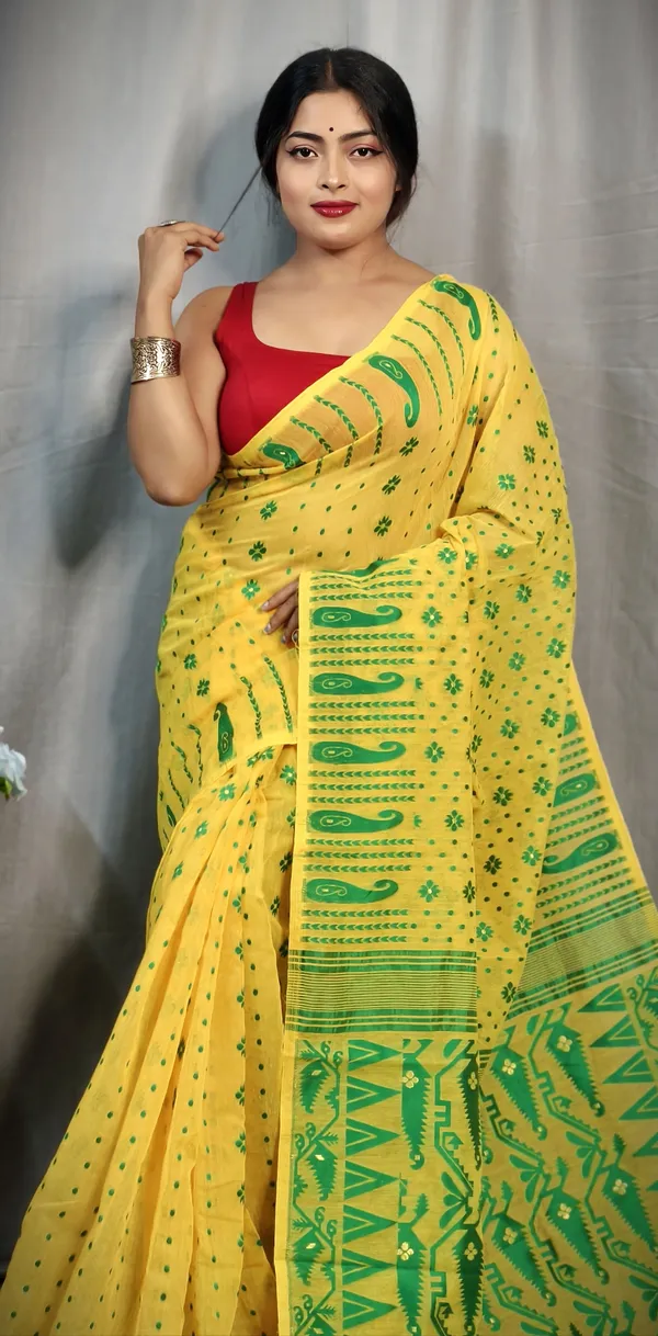 Yellow_&_Green_Cotton_Silk_Jamdani_Embroidered_Saree_For_Women