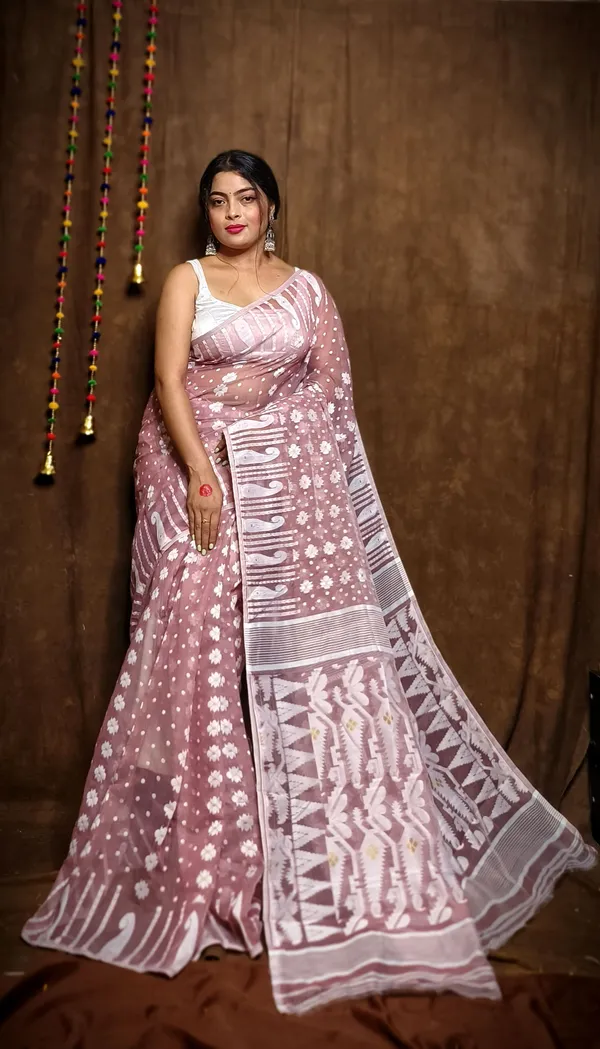 Odessa_Pink_Cotton_Linen_Jamdani_Self_Design_Saree_For_Women