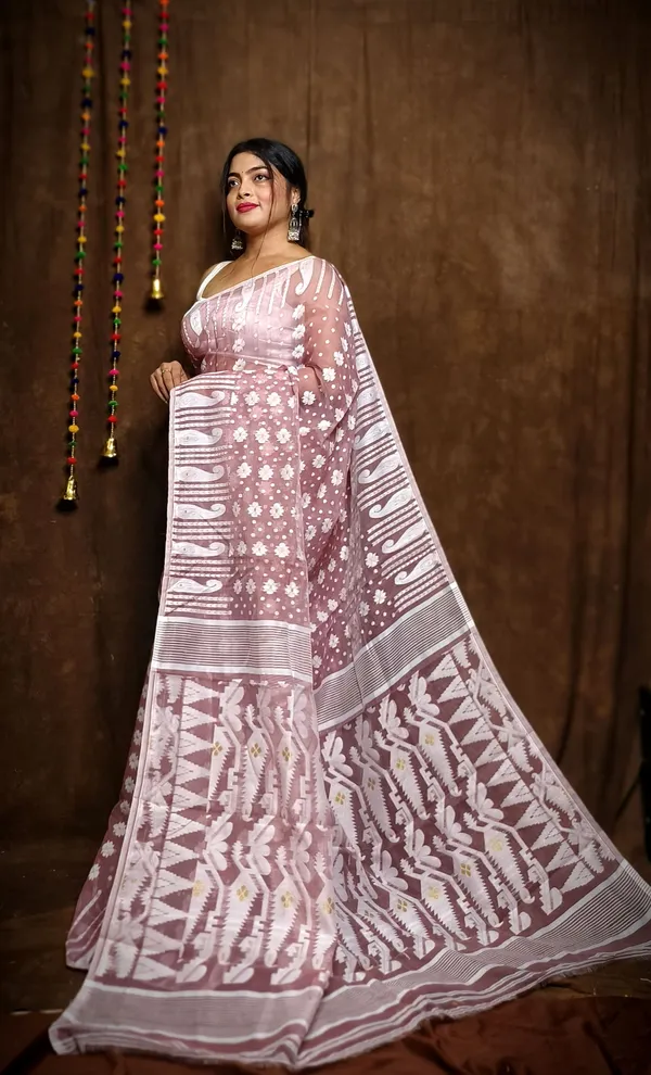 Odessa_Pink_Cotton_Linen_Jamdani_Self_Design_Saree_For_Women