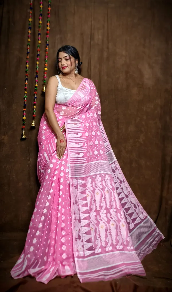 Pink_Cotton_Linen_Jamdani_Self_Design_Saree_For_Women