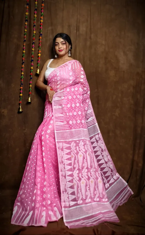 Pink_Cotton_Linen_Jamdani_Self_Design_Saree_For_Women
