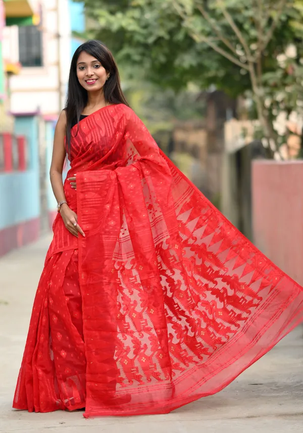 Red_Cotton_Linen_Jamdani_Self_Design_Saree_For_Women