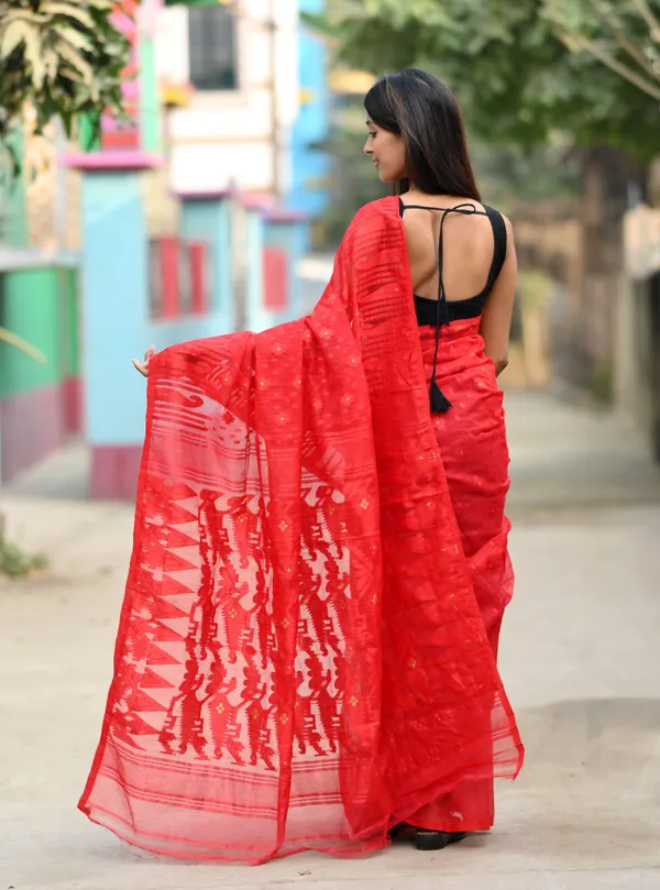 Red_Cotton_Linen_Jamdani_Self_Design_Saree_For_Women