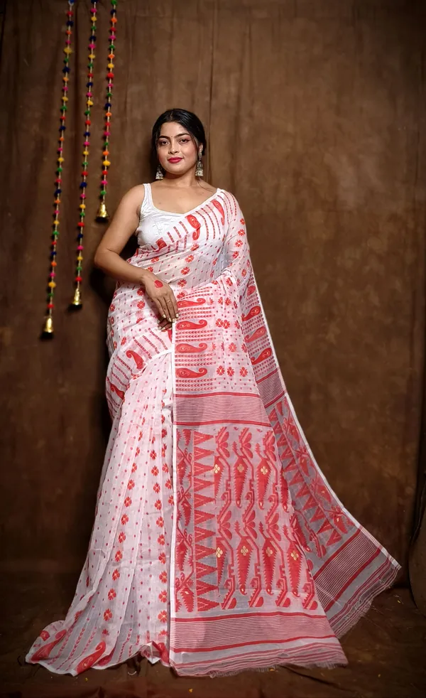 Red_&_White_Cotton_Linen_Jamdani_Self_Design_Saree_For_Women