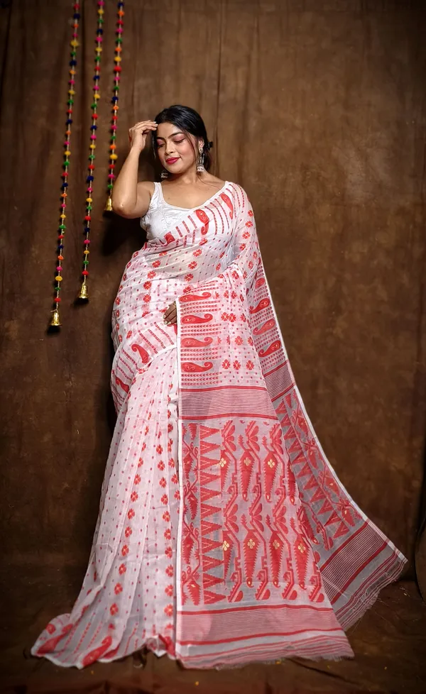 Red_&_White_Cotton_Linen_Jamdani_Self_Design_Saree_For_Women