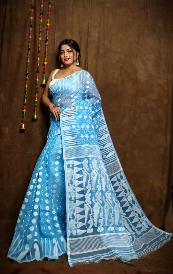 Sky_Blue_Cotton_Linen_Jamdani_Self_Design_Saree_For_Women