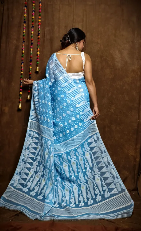 Sky_Blue_Cotton_Linen_Jamdani_Self_Design_Saree_For_Women
