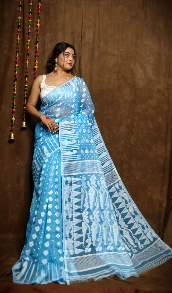 Sky_Blue_Cotton_Linen_Jamdani_Self_Design_Saree_For_Women