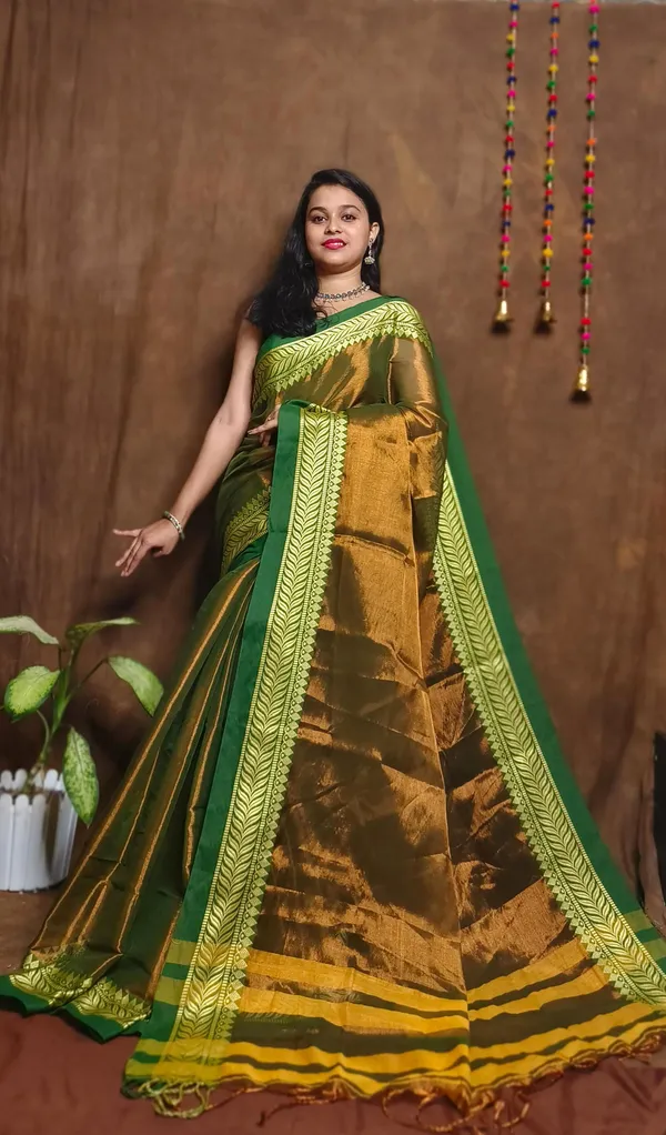 Greenish_Brown_Tissue_Handloom_Embellished_Saree_For_Women