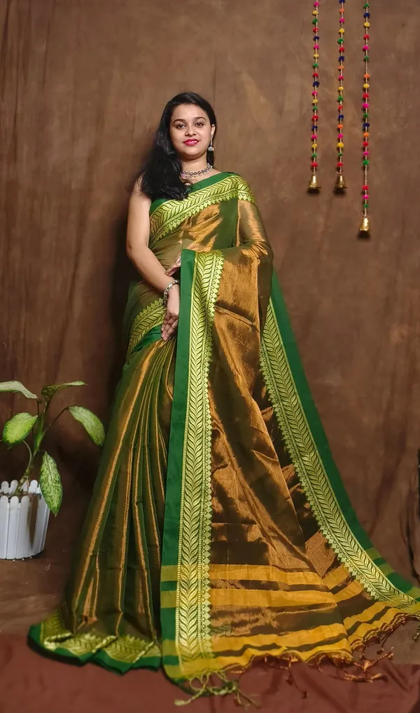 Greenish_Brown_Tissue_Handloom_Embellished_Saree_For_Women