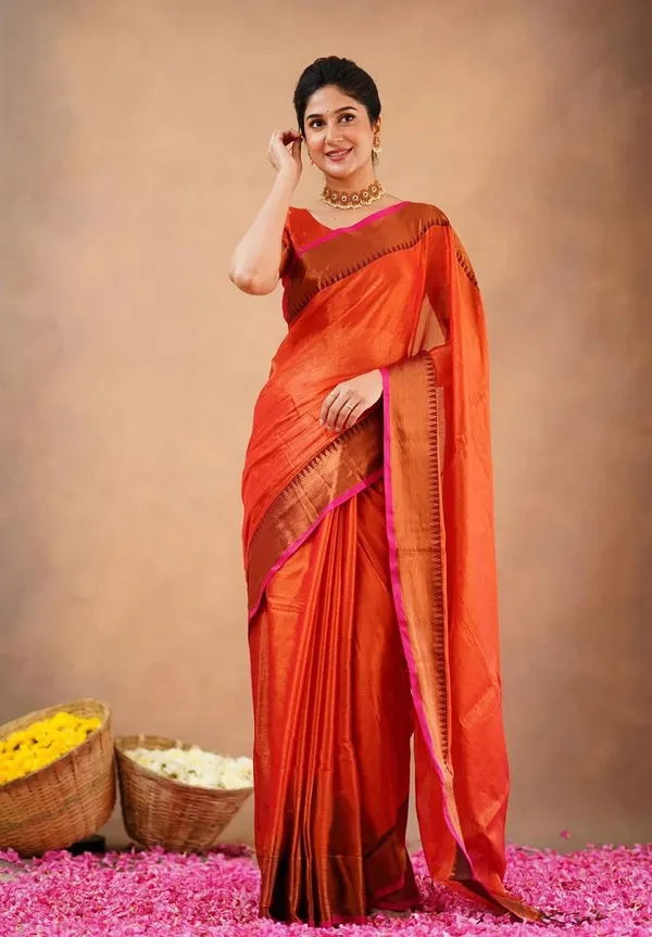 Red_Orange_Tissue_Handloom_Self_Design_Saree_For_Women