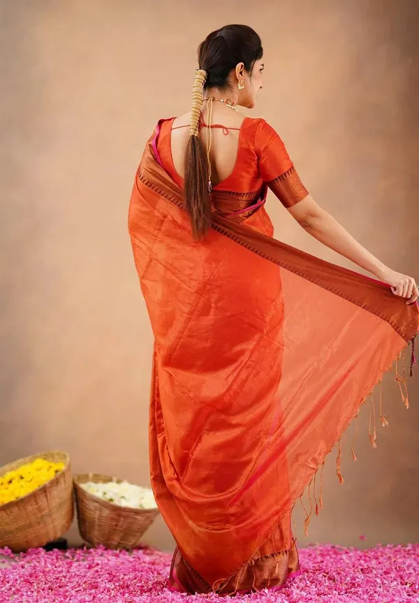 Red_Orange_Tissue_Handloom_Self_Design_Saree_For_Women