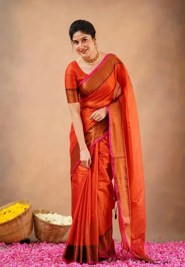 Red_Orange_Tissue_Handloom_Self_Design_Saree_For_Women