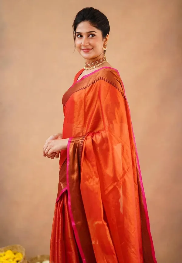 Red_Orange_Tissue_Handloom_Self_Design_Saree_For_Women