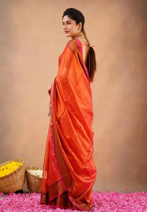 Red_Orange_Tissue_Handloom_Self_Design_Saree_For_Women