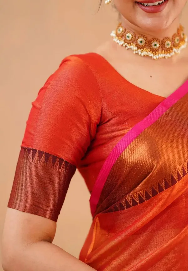 Red_Orange_Tissue_Handloom_Self_Design_Saree_For_Women