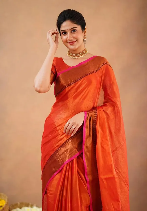 Red_Orange_Tissue_Handloom_Self_Design_Saree_For_Women