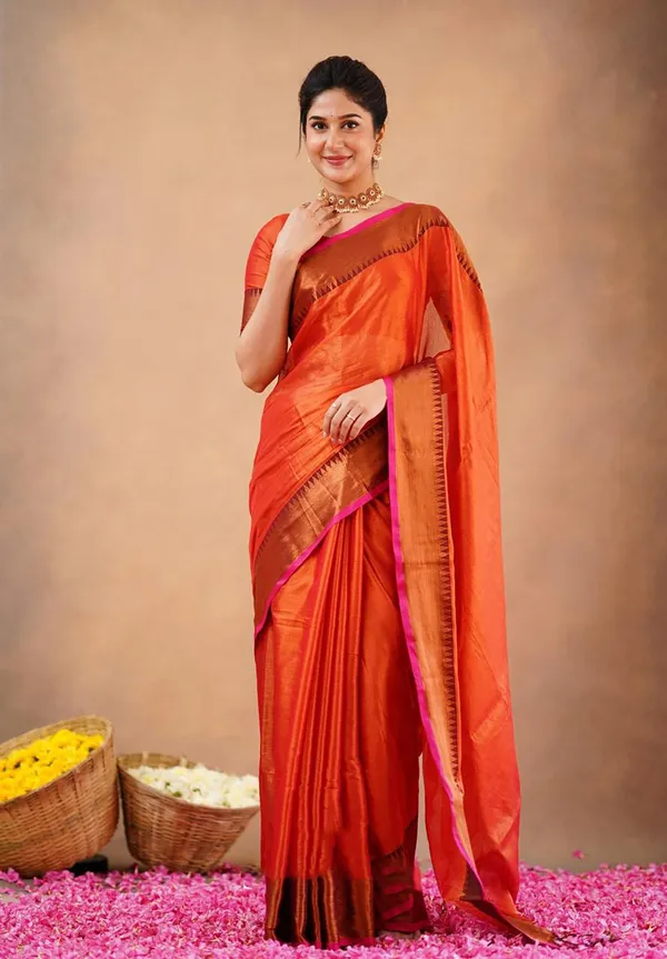 Red_Orange_Tissue_Handloom_Self_Design_Saree_For_Women
