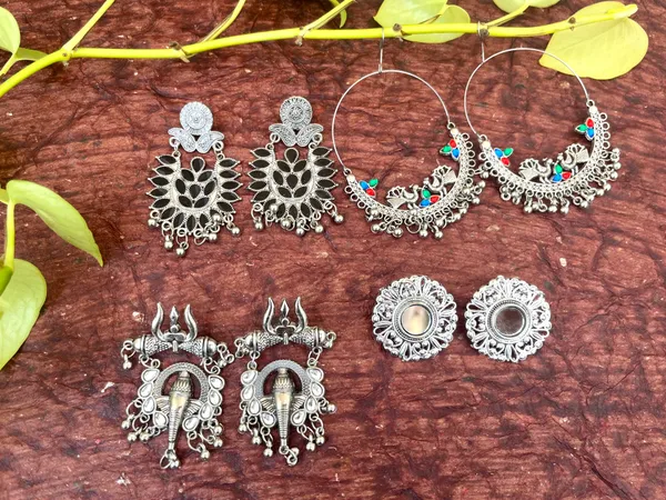 Set_Of_4_-_Silver_Bohemian_|_Chandelier_|_Hoop_|_Temple_Earring_For_Women