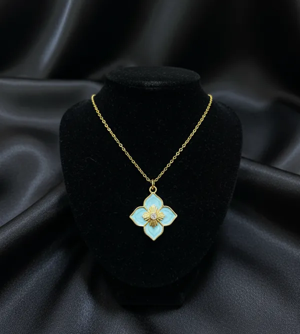 18K_Gold_Plated_Tiffany_Blue_Clover_Charm_Necklace_For_Women
