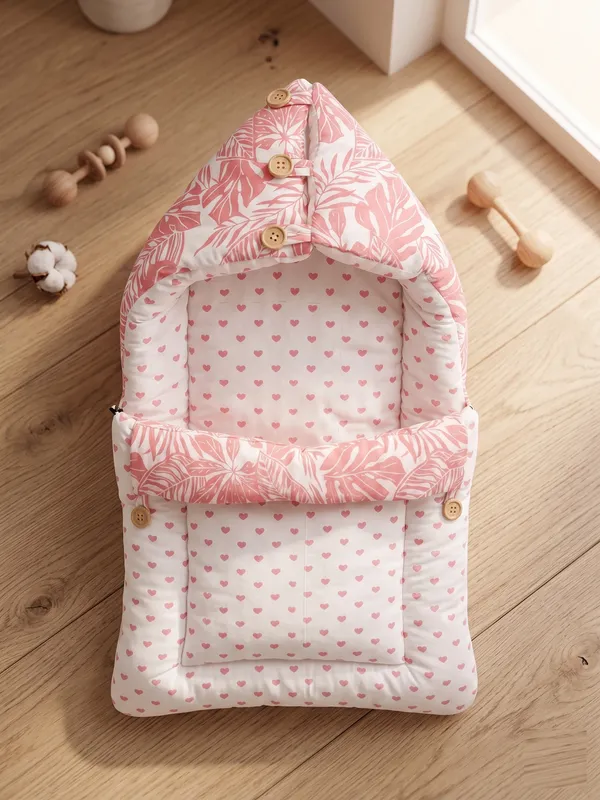 NWF_3_in_1_Baby_Carry_Nest_&_Sleeping_Bag_for_Newborn_Baby_|_100%_Cotton_Portable_Baby_Bedding_Set_with_Hood_&_Zip_|_Ultra_Soft,_Travel_Friendly_&_Skin_Friendly_|_0-12_Months_|_Pink_Leaf_Print