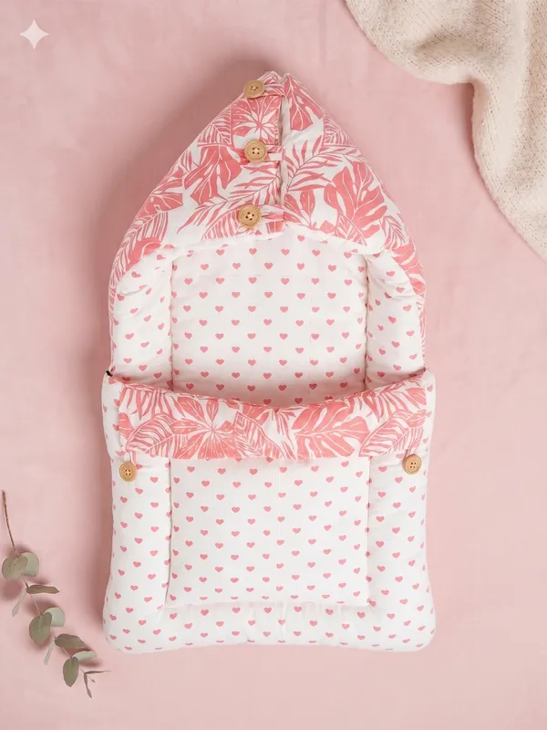 NWF_3_in_1_Baby_Carry_Nest_&_Sleeping_Bag_for_Newborn_Baby_|_100%_Cotton_Portable_Baby_Bedding_Set_with_Hood_&_Zip_|_Ultra_Soft,_Travel_Friendly_&_Skin_Friendly_|_0-12_Months_|_Pink_Leaf_Print