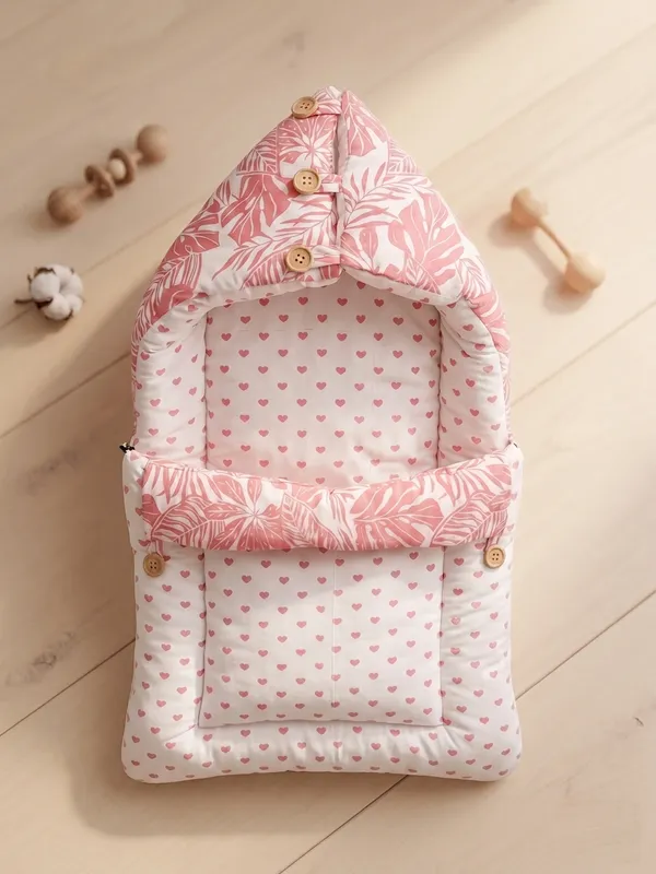 NWF_3_in_1_Baby_Carry_Nest_&_Sleeping_Bag_for_Newborn_Baby_|_100%_Cotton_Portable_Baby_Bedding_Set_with_Hood_&_Zip_|_Ultra_Soft,_Travel_Friendly_&_Skin_Friendly_|_0-12_Months_|_Pink_Leaf_Print