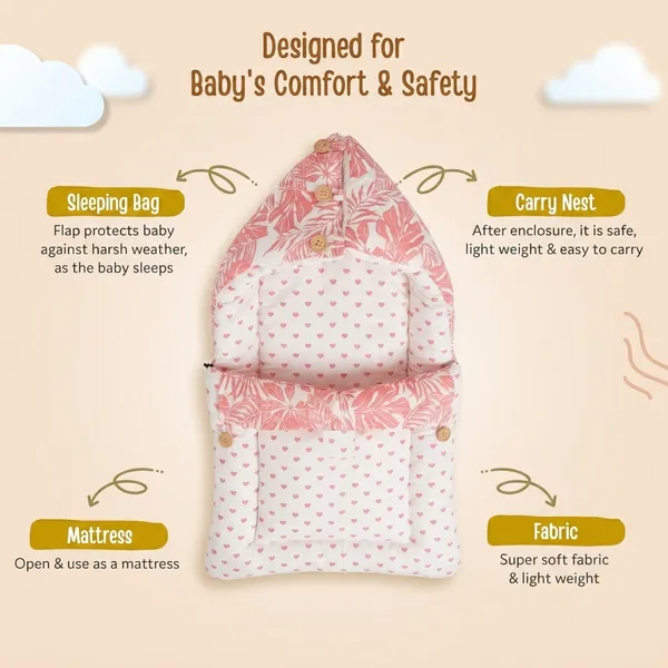 NWF_3_in_1_Baby_Carry_Nest_&_Sleeping_Bag_for_Newborn_Baby_|_100%_Cotton_Portable_Baby_Bedding_Set_with_Hood_&_Zip_|_Ultra_Soft,_Travel_Friendly_&_Skin_Friendly_|_0-12_Months_|_Pink_Leaf_Print