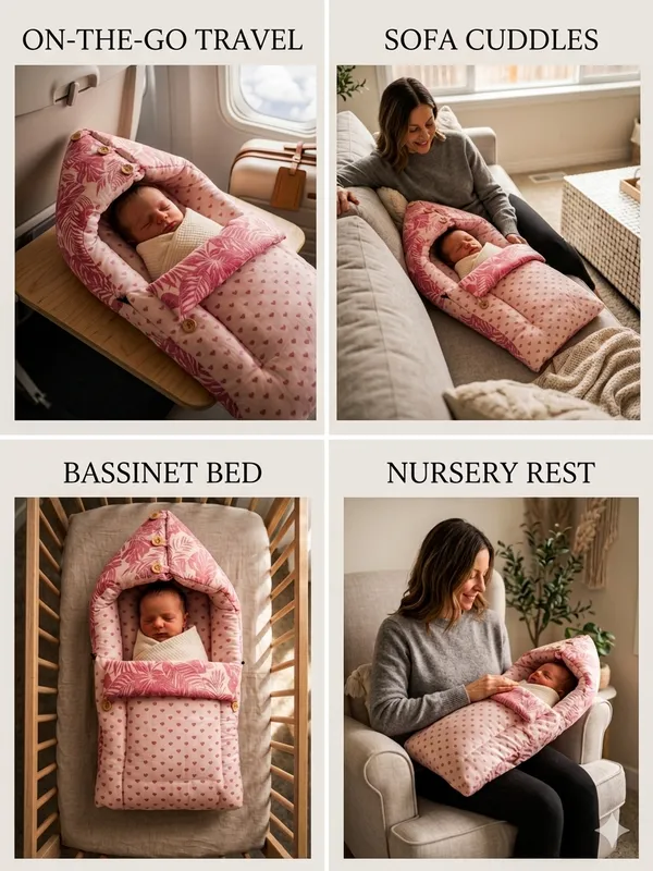 NWF_3_in_1_Baby_Carry_Nest_&_Sleeping_Bag_for_Newborn_Baby_|_100%_Cotton_Portable_Baby_Bedding_Set_with_Hood_&_Zip_|_Ultra_Soft,_Travel_Friendly_&_Skin_Friendly_|_0-12_Months_|_Pink_Leaf_Print