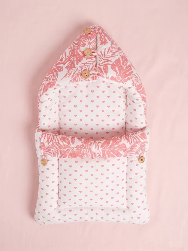 NWF_3_in_1_Baby_Carry_Nest_&_Sleeping_Bag_for_Newborn_Baby_|_100%_Cotton_Portable_Baby_Bedding_Set_with_Hood_&_Zip_|_Ultra_Soft,_Travel_Friendly_&_Skin_Friendly_|_0-12_Months_|_Pink_Leaf_Print