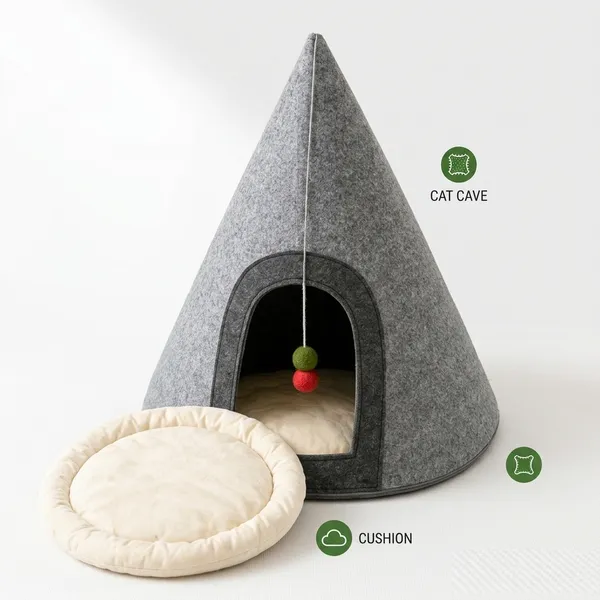 NWF_Felt_Cat_Cave_Bed_with_Cushion,_Foldable_Cat_House_Tent,_Indoor_Cat_Bed_Cave_for_Cats_&_Kittens,_Cozy_Pet_Cave_Bed_for_Small_Dogs_(with_Cushion)