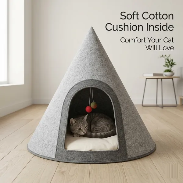 NWF_Felt_Cat_Cave_Bed_with_Cushion,_Foldable_Cat_House_Tent,_Indoor_Cat_Bed_Cave_for_Cats_&_Kittens,_Cozy_Pet_Cave_Bed_for_Small_Dogs_(with_Cushion)
