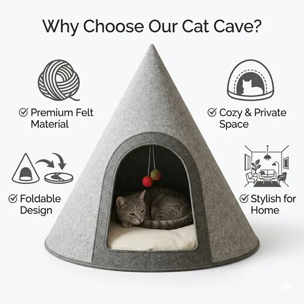NWF_Felt_Cat_Cave_Bed_with_Cushion,_Foldable_Cat_House_Tent,_Indoor_Cat_Bed_Cave_for_Cats_&_Kittens,_Cozy_Pet_Cave_Bed_for_Small_Dogs_(with_Cushion)