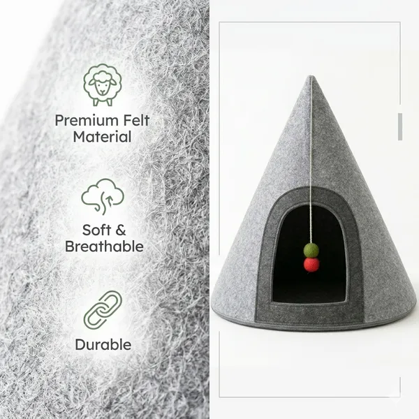 NWF_Felt_Cat_Cave_Bed_with_Cushion,_Foldable_Cat_House_Tent,_Indoor_Cat_Bed_Cave_for_Cats_&_Kittens,_Cozy_Pet_Cave_Bed_for_Small_Dogs_(with_Cushion)