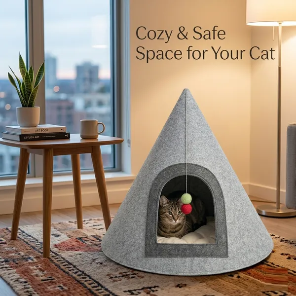 NWF_Felt_Cat_Cave_Bed_with_Cushion,_Foldable_Cat_House_Tent,_Indoor_Cat_Bed_Cave_for_Cats_&_Kittens,_Cozy_Pet_Cave_Bed_for_Small_Dogs_(with_Cushion)