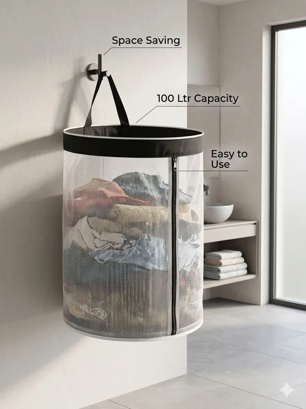 NWF_Hanging_Mesh_Laundry_Bag_with_Side_Zipper,_100L_Large_Capacity_Breathable_Hamper,_Polyester_Mesh_with_Cotton_Base_&_Strong_Handles,_Foldable_Wall/Door_Laundry_Bag_(18”_Dia_×_24”_Height)