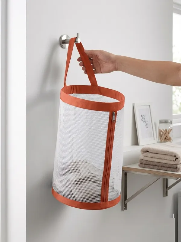 NWF_Hanging_Mesh_Laundry_Bag_with_Side_Zipper,_100L_Large_Capacity_Breathable_Hamper,_Polyester_Mesh_with_Cotton_Base_&_Strong_Handles,_Foldable_Wall/Door_Laundry_Bag_(18”_Dia_×_24”_Height)